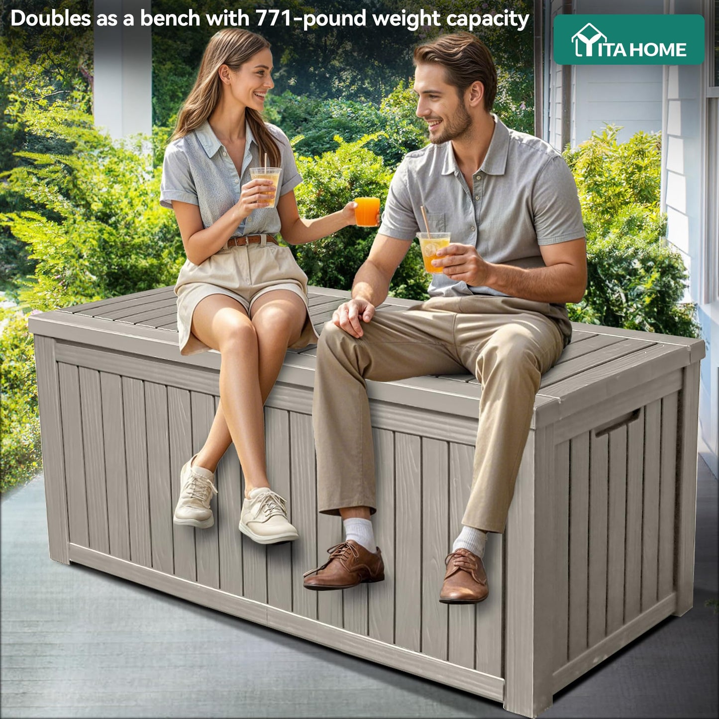 YITAHOME 150 Gallon Large Deck Box w/Divider, XL Waterproof Outdoor Storage for Patio Furniture,Outdoor Cushions, Garden Tools, Sports Equipment and Pool Supplies, Resin, Lockable, Taupe