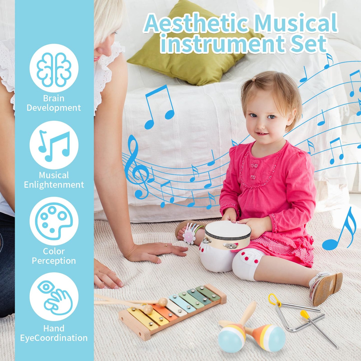 ZJEFUNS Baby Musical Instruments Set Wooden Montessori Toys for Toddlers 1-3 Percussion Instruments Set Modern Boho Music Toys for Kids Preschool Educational.