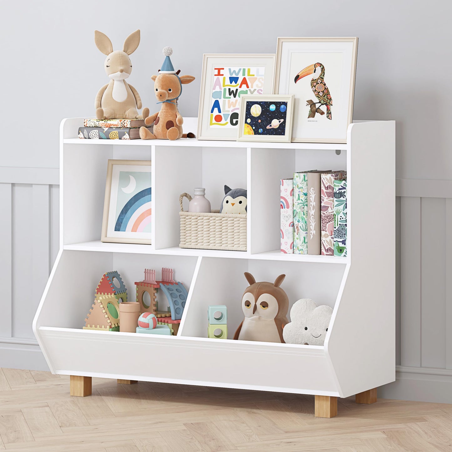 UTEX Toy Storage Organizer, Kids Bookshelf and Toy Storage with Legs, 5 Cube Storage Organizer, Children Bookcase for Kids Room, Living Room, Nursery,White