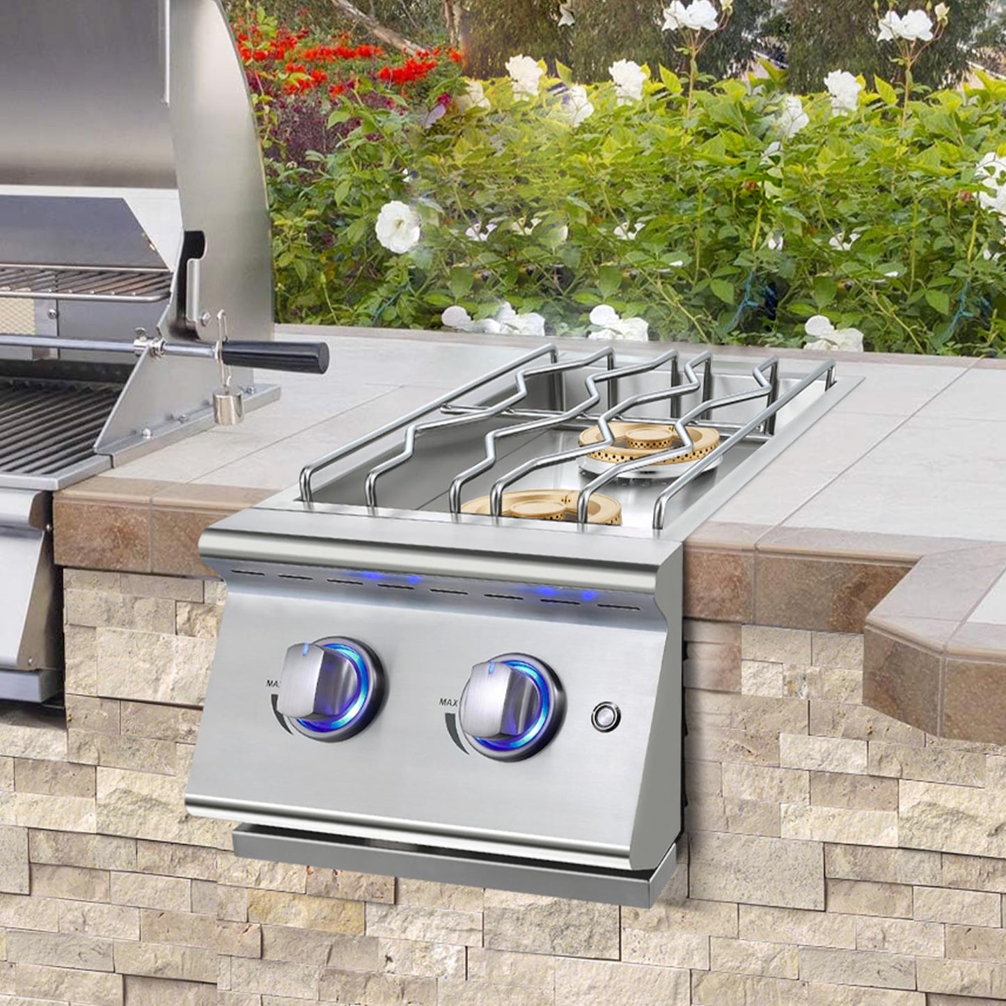 Livory Double Grilling Side Burners for Outdoor Kitchen, 2 * 17,000BTU Nature Gas Burners, Convertible to Liquid Propane, Duty Heavy 304 Stainless Steel, Built-in Side Burner for BBQ Island Grill