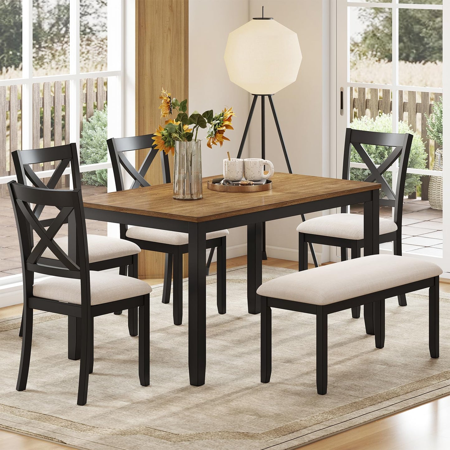 Zevemomo 6-Piece Solid Wood Dining Table Set, Including 1 Dining Table, 4 Upholstered Chairs and 1 Bench, Farmhouse Wooden Legs Dining Table Set for Living Room, Kitchen, Black