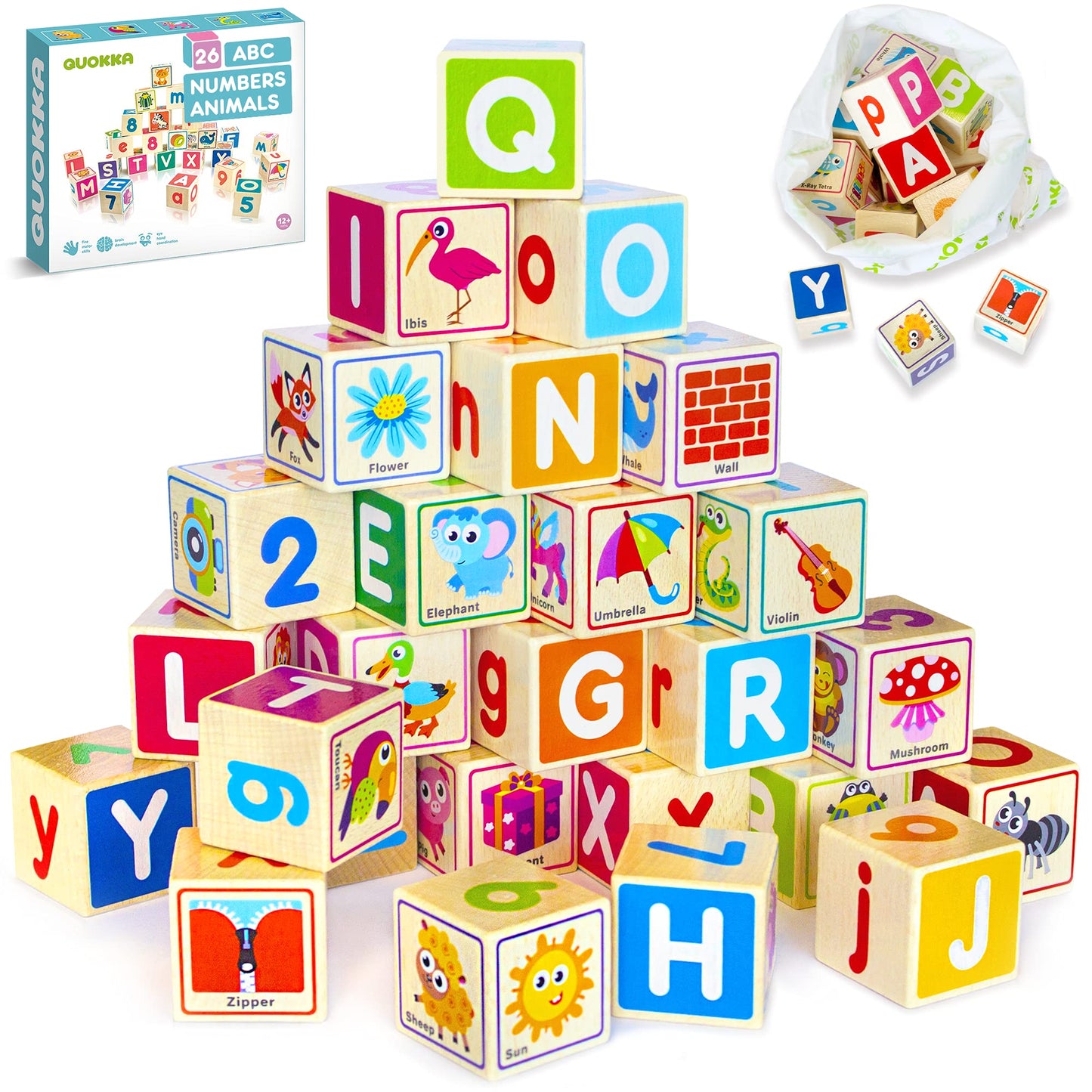 QUOKKA Wooden Blocks for Toddlers 1-3 - 26 ABC Learning Baby Blocks for Kids 3-5 Year Olds Stacking Alphabet Wood Toys for 2-4 yo - Educational with Letters Numbers - Updated Edition