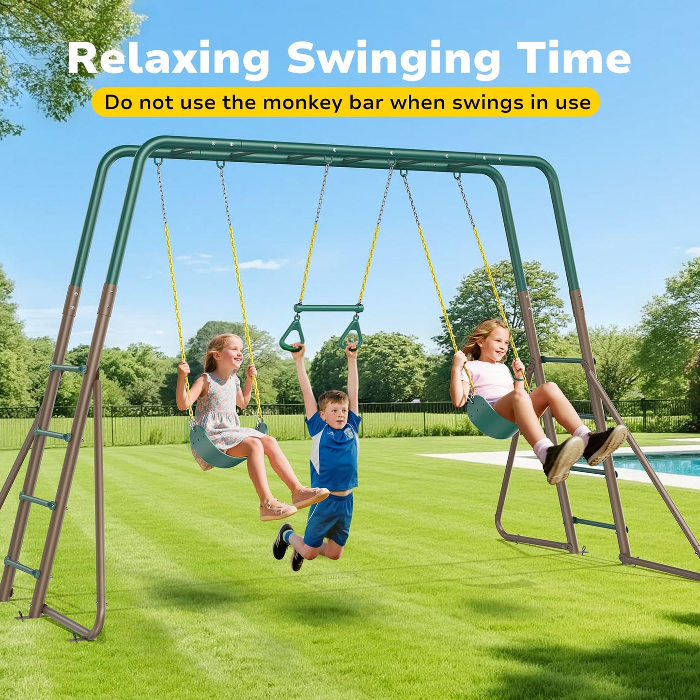 Hapfan Swing Sets for Backyard with Monkey Bars, 2 Belt Swings & Trapeze Bar- Heavy Duty Metal Outdoor Playground Sets for Kids, Backyard Playset (Patent Pending)