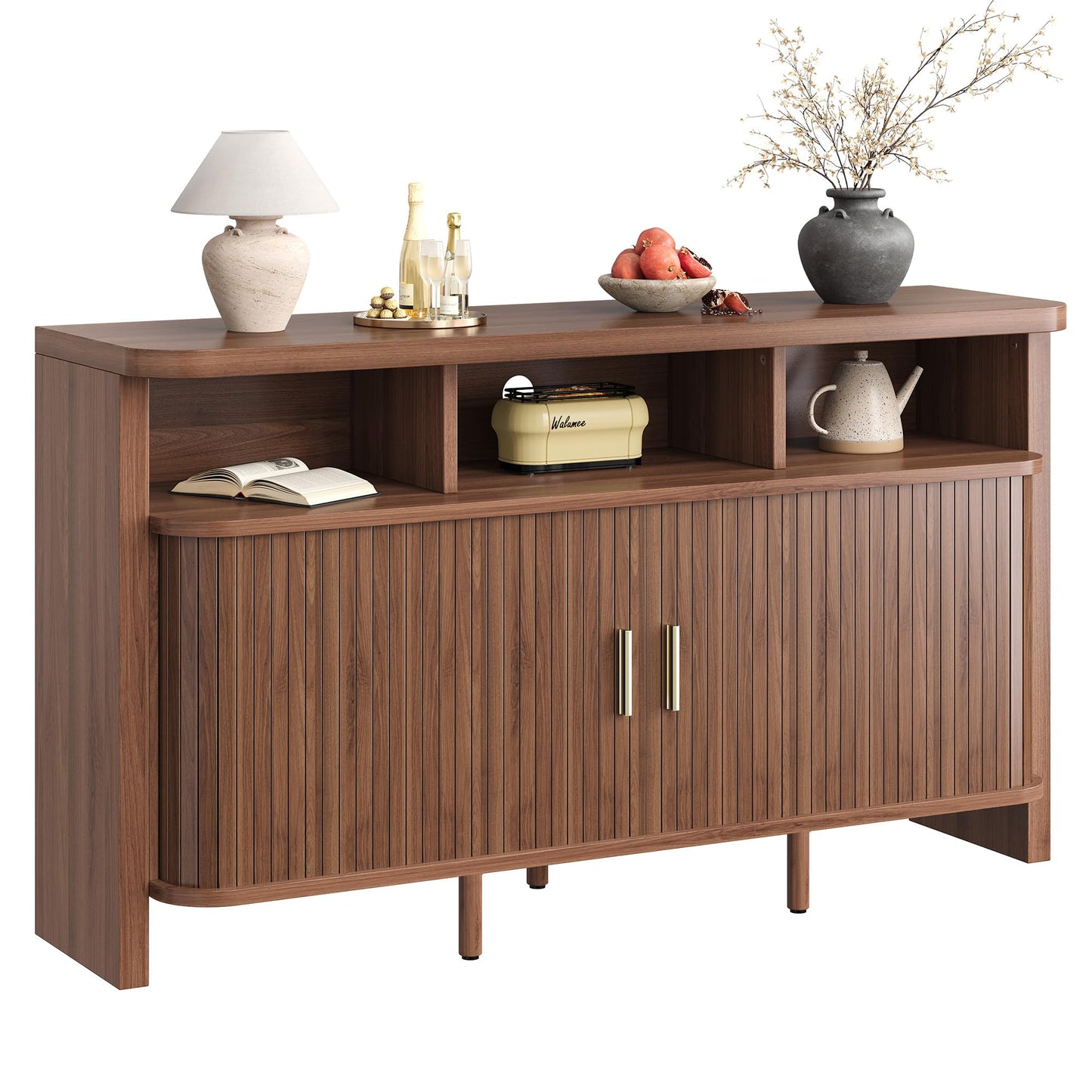 IRONCK 55" Sideboard Buffet Cabinet with Storage, Fluted Credenza with Sliding Door & Open Shelf, Mid Century Modern Accent Coffee Bar Console Table for Kitchen, Living Room, Entryway, Walnut