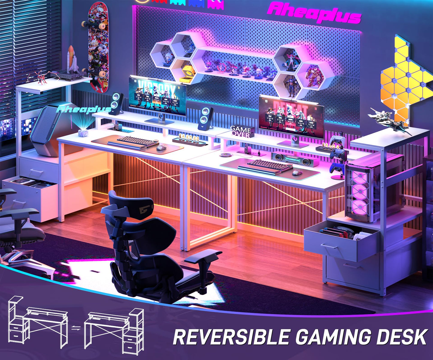 Aheaplus Gaming Desk with LED Strip & Power Outlet, 59Inch Reversible Computer Desk with Monitor Stand & Storage Shelves, Home Office Desks with Fabric File Drawer, Gamer Table PC Desk, White