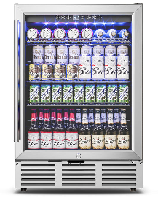 Feelfunn 24 inch Beverage Refrigerator - 180 Cans Under Counter Beverage Fridge with Glass Door & Safety Lock for Beer Wine Soda, Built-in or Freestanding Drink Fridge for Home Office Kitchen or Bar