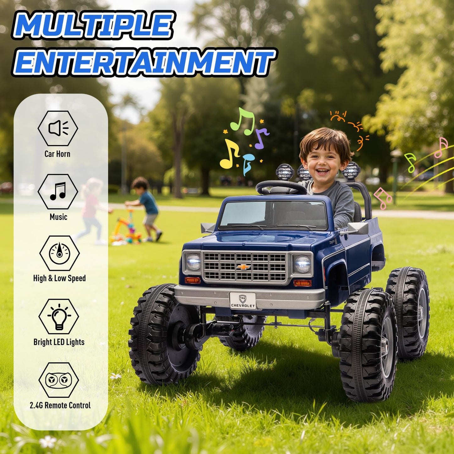 MUKIDY 24V Ride on Car, Licensed Chevrolet Cheyenne Truck w/2X200W Motor, Remote Control, Decoration Streamer, 24 Volt Ride on Toys Power Big Wheels for Big Kids,Blue