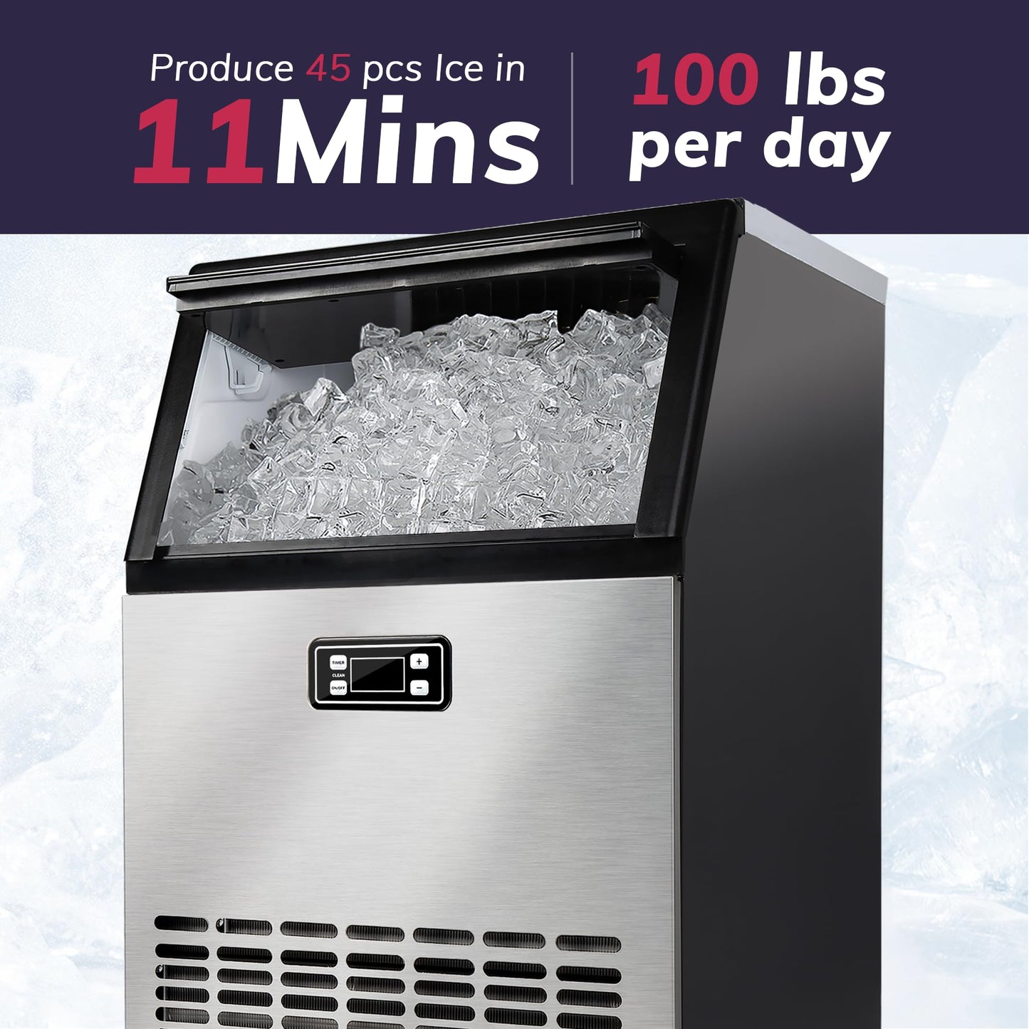 ICYGLEE Commercial Ice Maker Machine, 100lbs/Daily Ice Production Under Counter Ice Maker, Self-Cleaning, Timer Stainless Ice Machine with 33lbs Ice Storage, Ideal for School, Home, Bar, RV