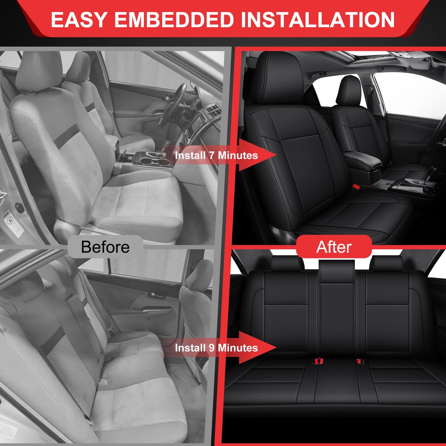 TTX LIGHTING Custom Fit for Toyota Camry Car Seat Covers 2012 2013 2014 2015 2016 2017 Full Set Waterproof Faux Leather Airbag Compatible Black