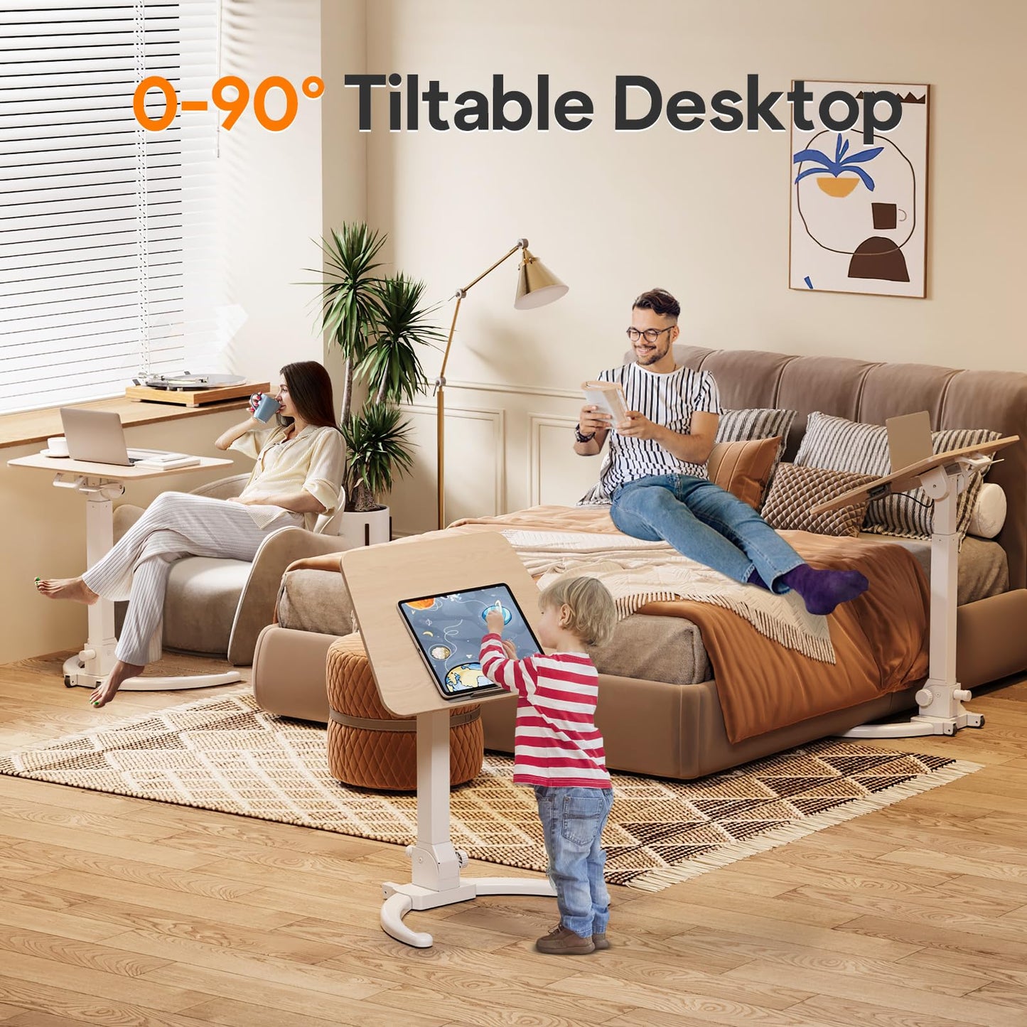 JOY worker Foldable Mobile Standing Desk, Pneumatic Height Adjustable Sit Stand Desk, 90° Tiltable Rolling Laptop Desk, Portable Cart with Wheels Non-Slip Mat for Home Office, Holds Up to 22lbs