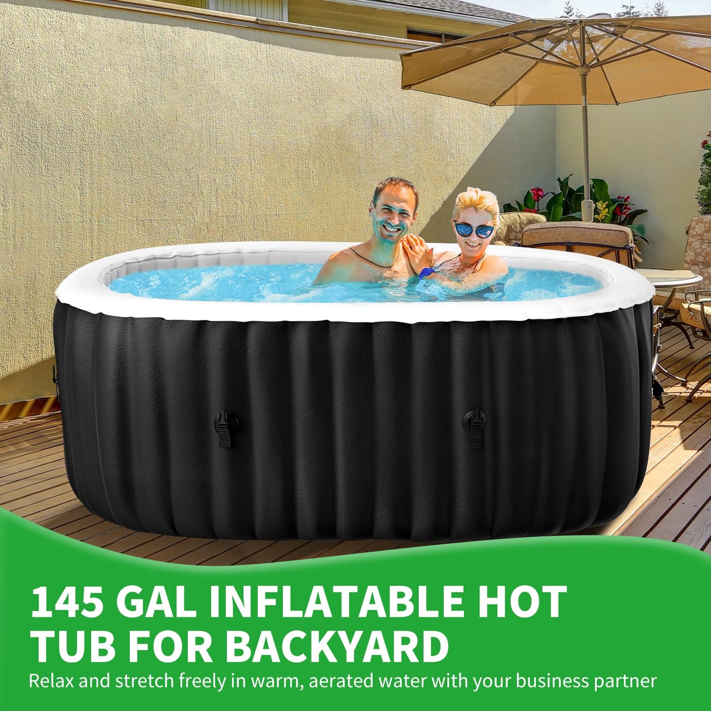 Inflatable Blow Up Hot Tub with LED Lights, 2 Person Oval Portable Hot Tub, Leak-Proof PVC Outdoor Spa with 100 Air Jets, Pump and Insulated Cover, Side Table, 75” X 47”X 25”