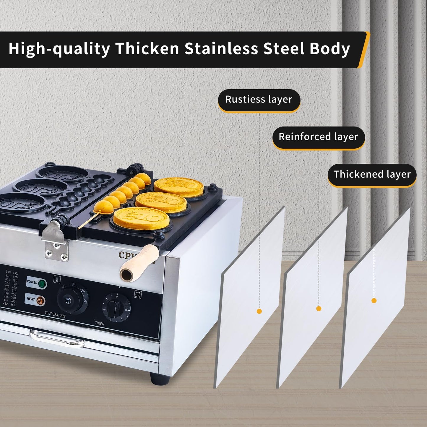 CPVKRY Commercial 2 In 1 Waffle Sticks Maker 10 Yen Coin Waffle Maker 1550W Waffles on a Stick Maker Stainless Steel, 50-300℃ Temp Control, 5-min Timer Waffle Dog Maker 110V