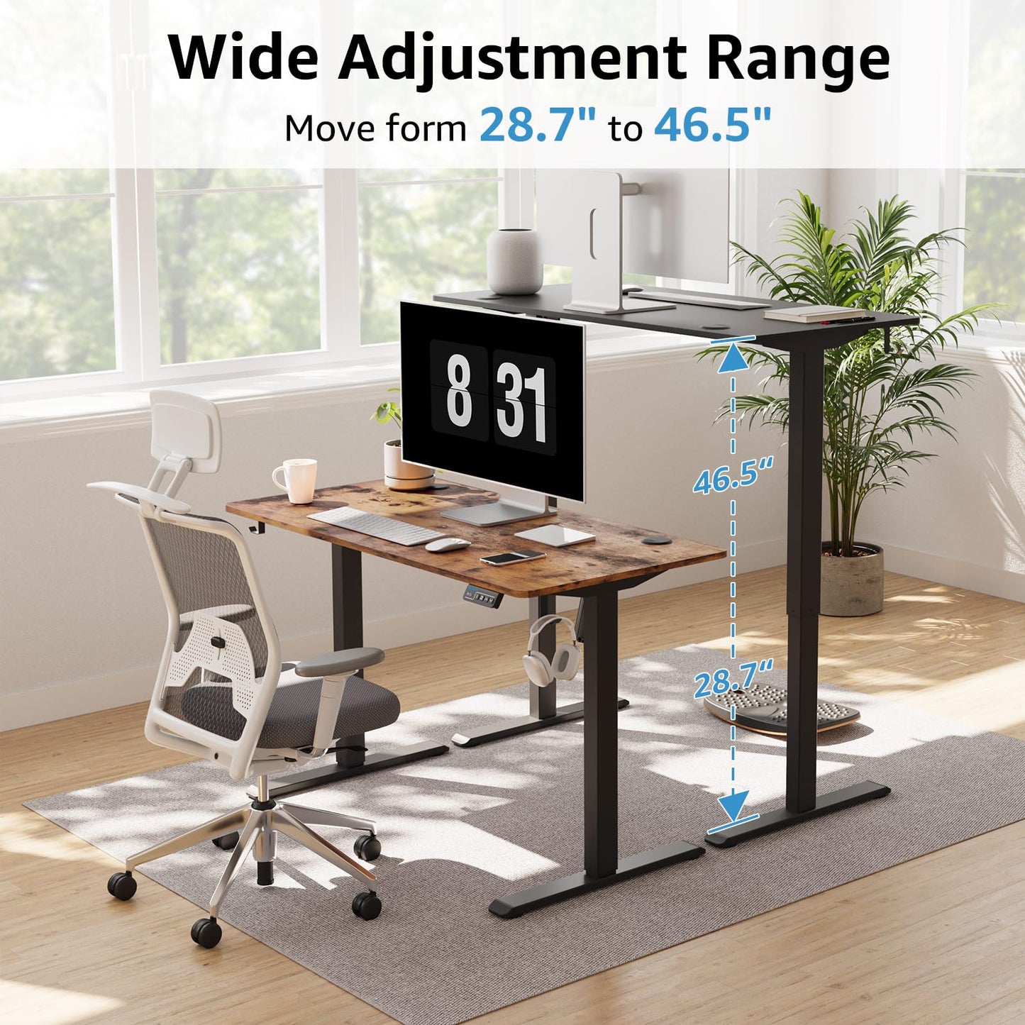 MOUNTUP Height Adjustable Electric Standing Desk Whole-Piece, 48 x 24 Inches Quick Assembly Sit Stand Desk with Memory Controller, Black