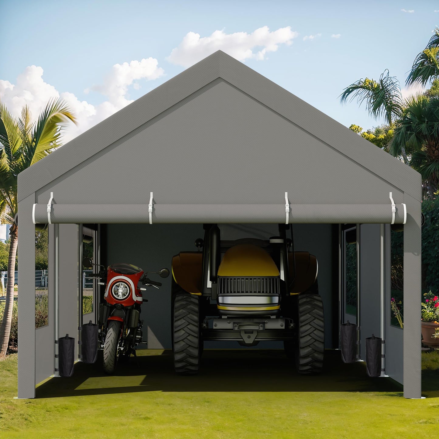JY QAQA Carport, 12x20 FT Heavy Duty Carport with Removable Side Walls and Doors, Portable Garage with Roll-Up Window and Sandbags, Car Canopy with All-Season Tarp for Cars, Trucks, Boats, Grey