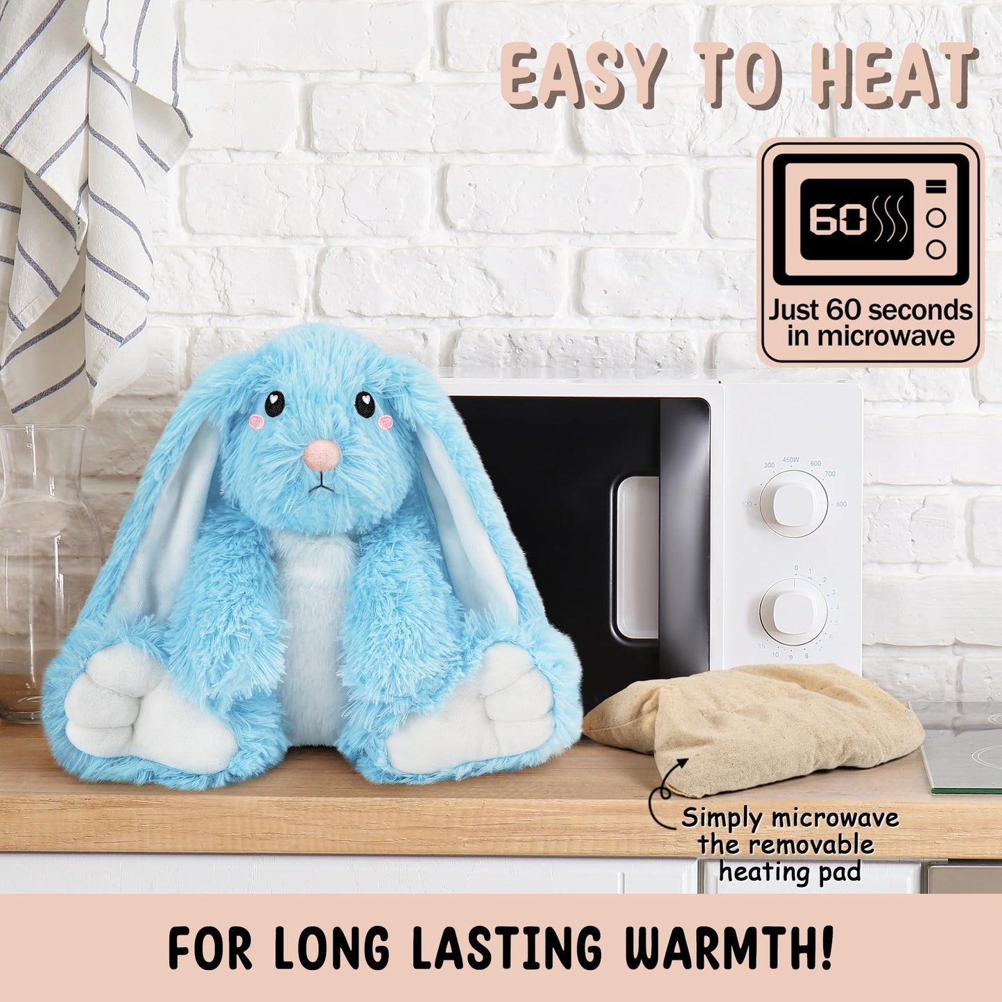 Bunny Microwavable Stuffed Animal – 1.5 lb Unscented Heating Pad Plush, Soft Cozy Bunny Toy for Relaxation and Comfort, Gift for Women, Girls, Adults & Kids by Happy Fuel, Blue