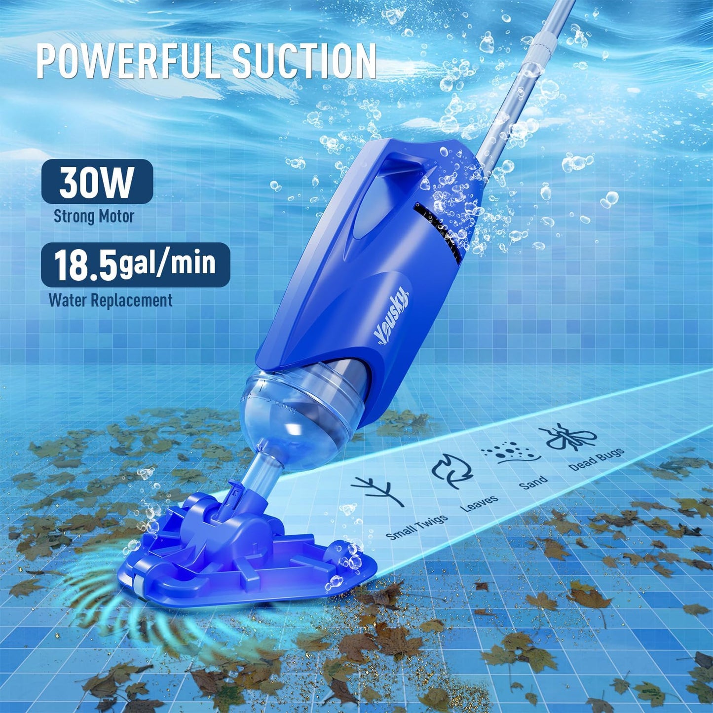 Pool Vacuum for Above Ground Pool 18.5GPM Suction- Upgraded Cordless Handheld Rechargeable Pool Cleaner w/Telescopic Pole(20-69in), 2 Brush Heads Ideal for Inground Pools Spas Hot Tubs