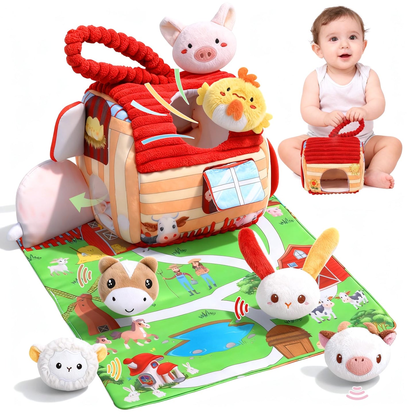 kenvc Baby Toys for 6-12 Months, Barn Stuffed Farm Animals with Sounds & Ring, Plush Animals Toys Have Mirror Montessori Educational Toys Sensory for Developmental for Infants & Toddler Toy Gift