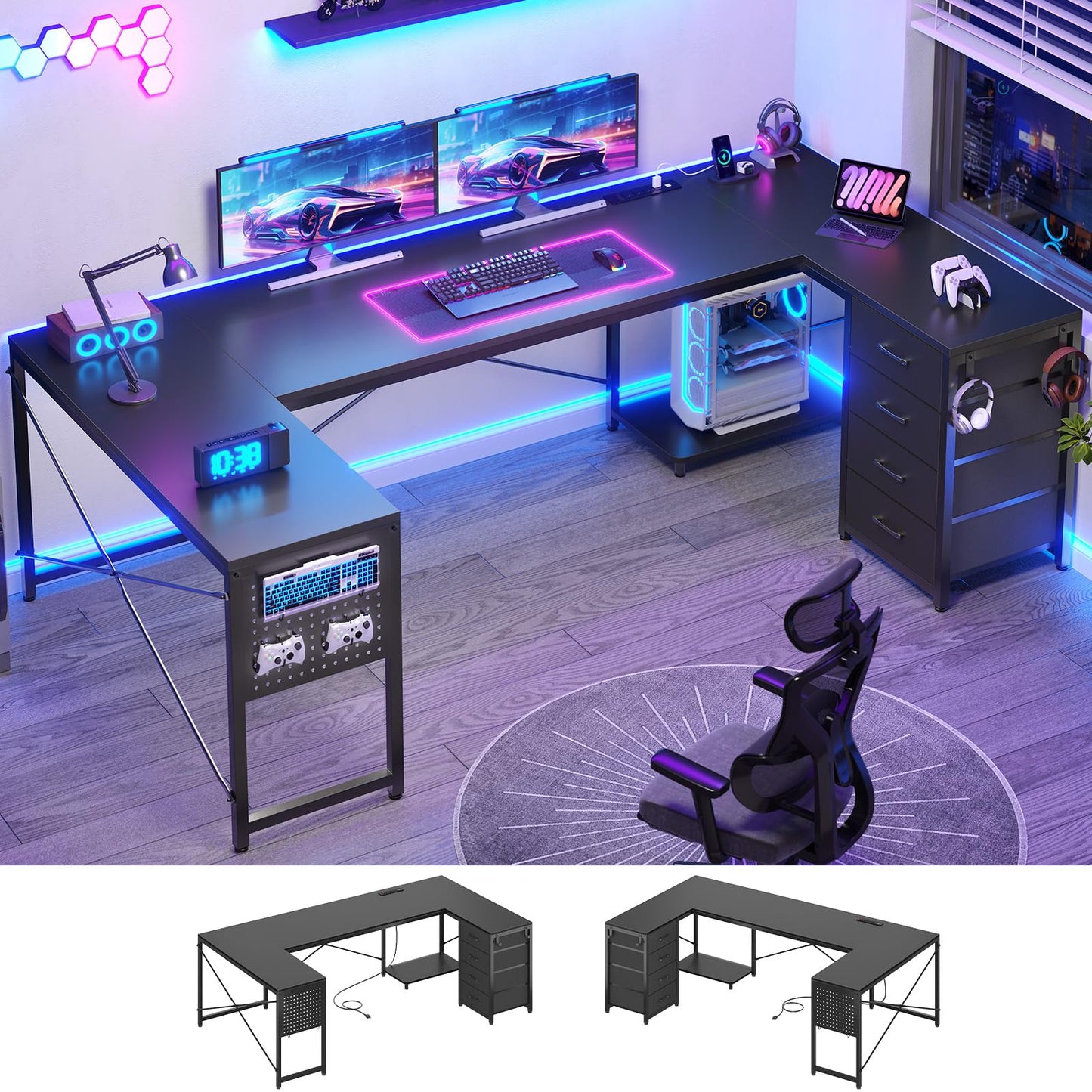 SEDETA 67" U Shaped Desk with 4 Fabric Drawers, Reversible Corner Computer Desk with Power Outlet & CPU Shelf, L Shaped Office Desk with Pegboard for Home Office, Black