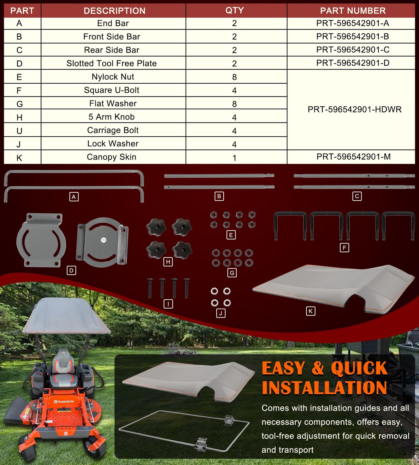 596542901 Riding Lawn Mowers Sun Shade - Heavy Duty Riding Mower Sun Canopy Perfectly Fits for Husqvarna Zero Turn Lawn Mowers with ROPS Bars Z448, Z454, Z460, Z454XS, Z460XS and More