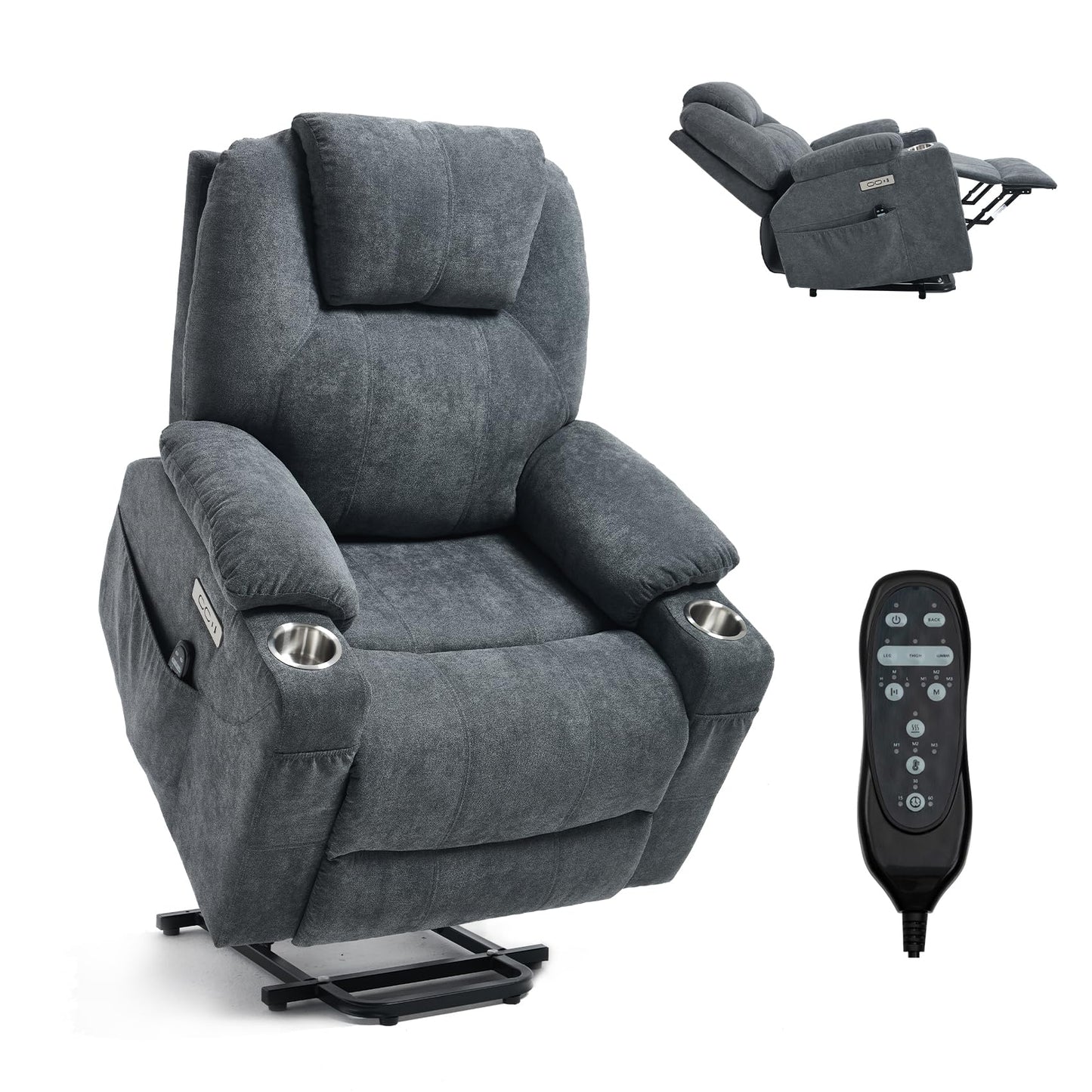 RHHVVR Electric Lift Recliner Chair, Overstuffed Zero-Gravity Recliner with Assisted Standing, Extra Wide Sofa with 8-Point Vibration Massage & Lumbar Heating, Medium-Soft, Grey