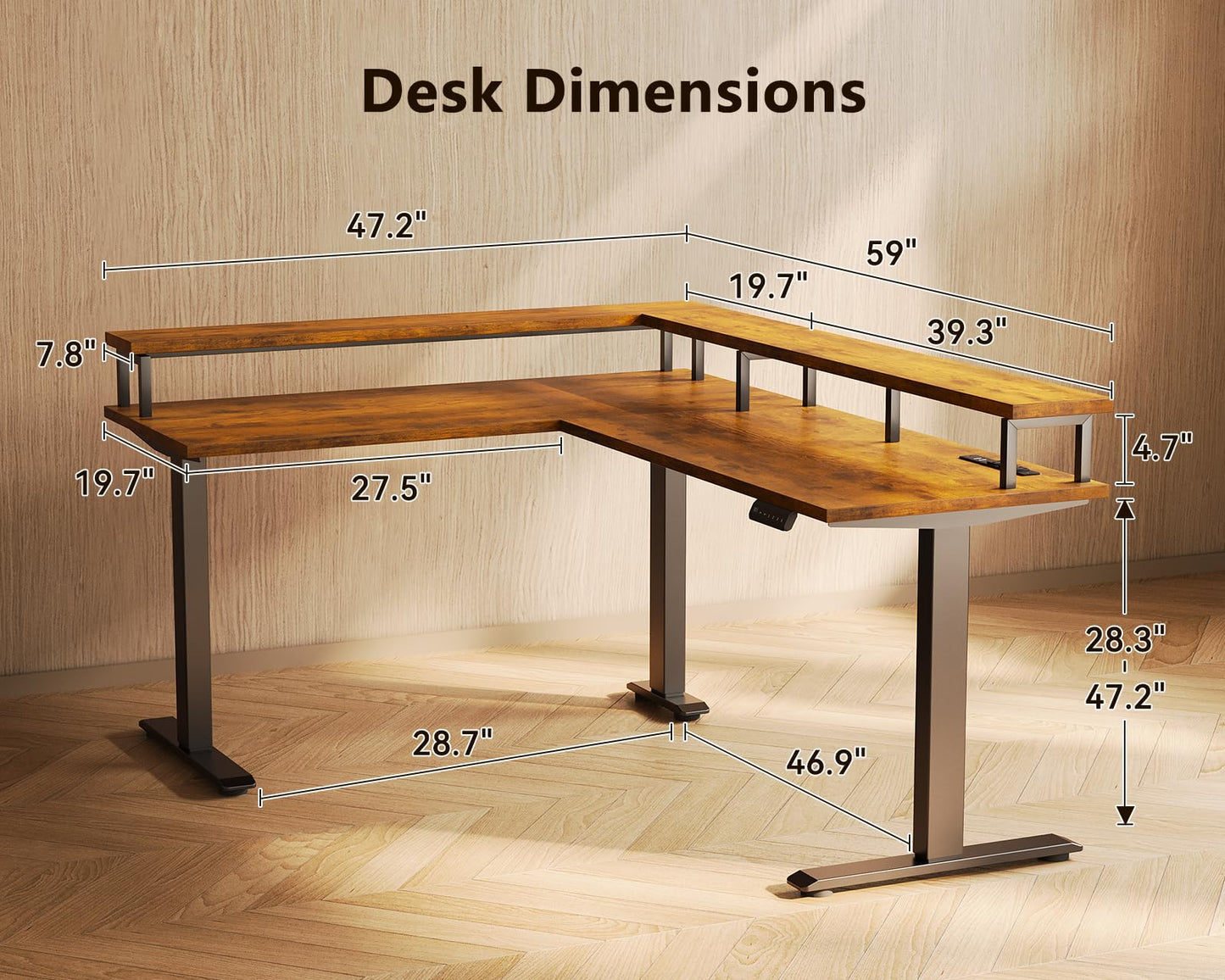 AODK Electric L Shaped Standing Desk, 59 Inch Height Adjustable Stand Up Desk with Power Outlets ＆ Full Monitor Stand, Reversible Corner Desk for Home Office ＆ Computer Workstation, Rustic Brown