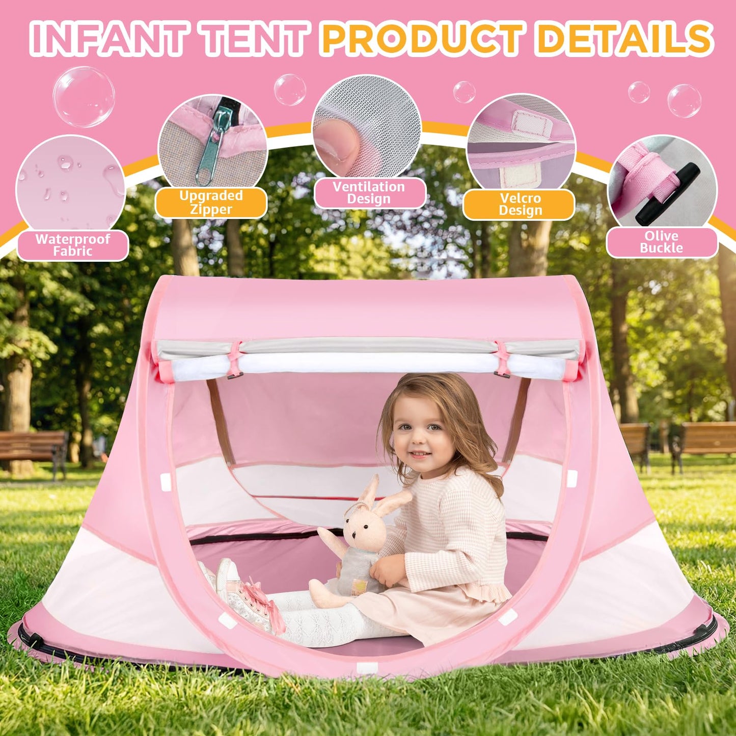 Baby Beach Tent, Pop Up Beach Tent Sun Shade for Beach, UPF 50+ UV Protection Sun Shelters for Infants with Carry Bag for Outdoor Travel, Camping(Pink)