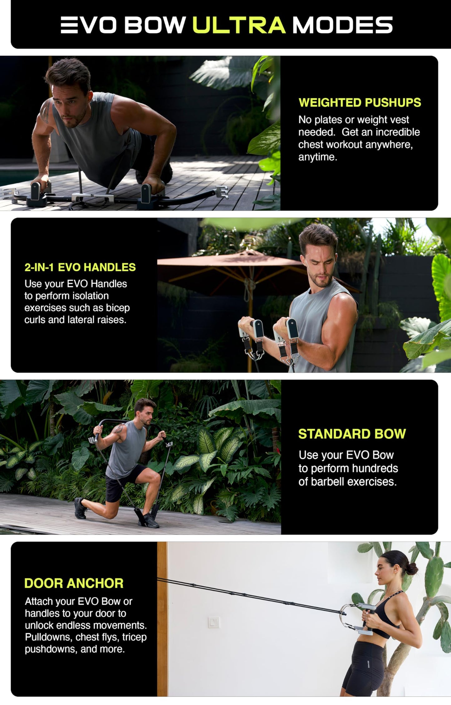 EVO Bow - All in One Portable Home Gym System with Weighted Pushups | Compact Strength Training and Exercise Equipment for Travel with Notched Resistance Bands for Full Body Training | 300lbs (Ultra)