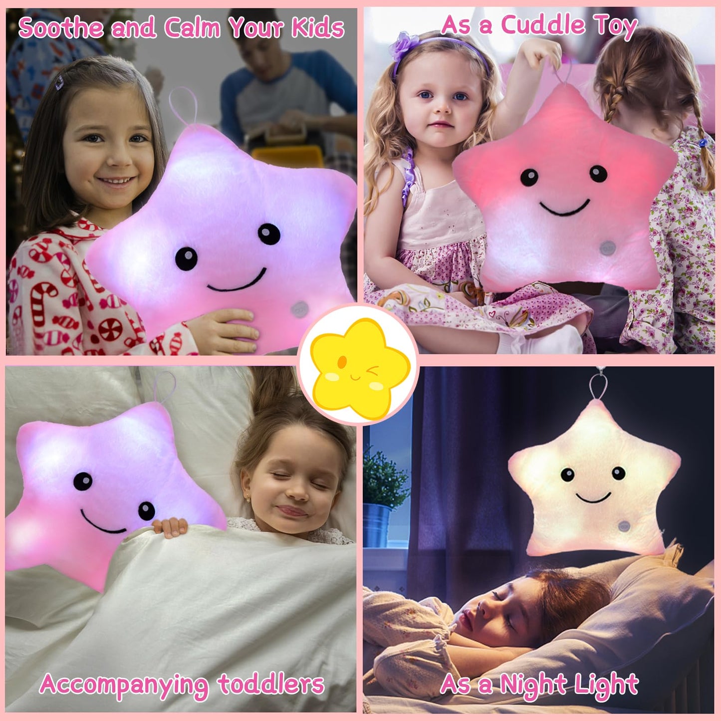 Subao Sensory Toys for Kids with Autism,14" Light Up Star Soft Plush Toddler Pillow,Autism Sensory Products,Stress Relief Kids ADHD Toys,Birthday Xmas Easter Gifts for Girls 3 4 5 6 7 8 9 10 Pink