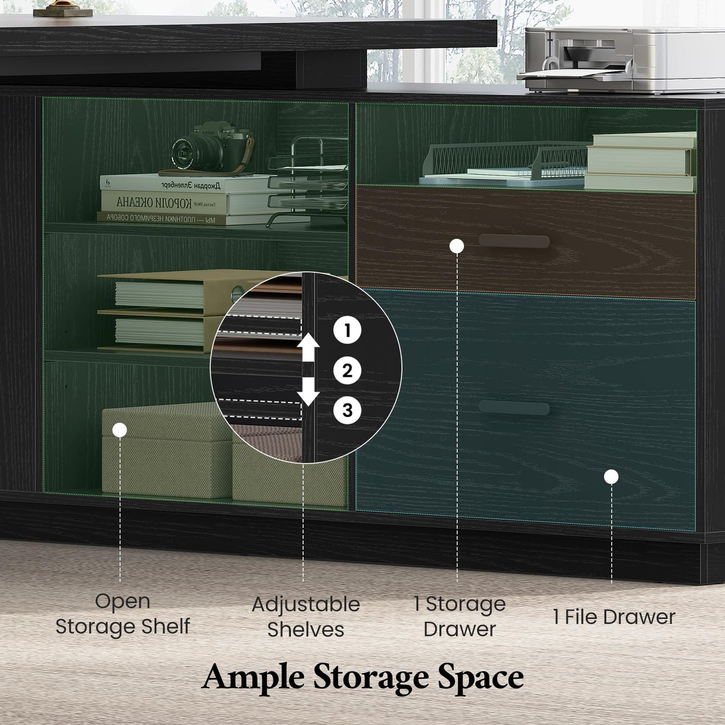70.3 inch L Shaped Executive Desk with Power Outlets, Large Home Office Desk with Storage Drawers and File Cabinet, Modern Computer Desk with Shelves, Black Business Furniture, Square Tapered Legs