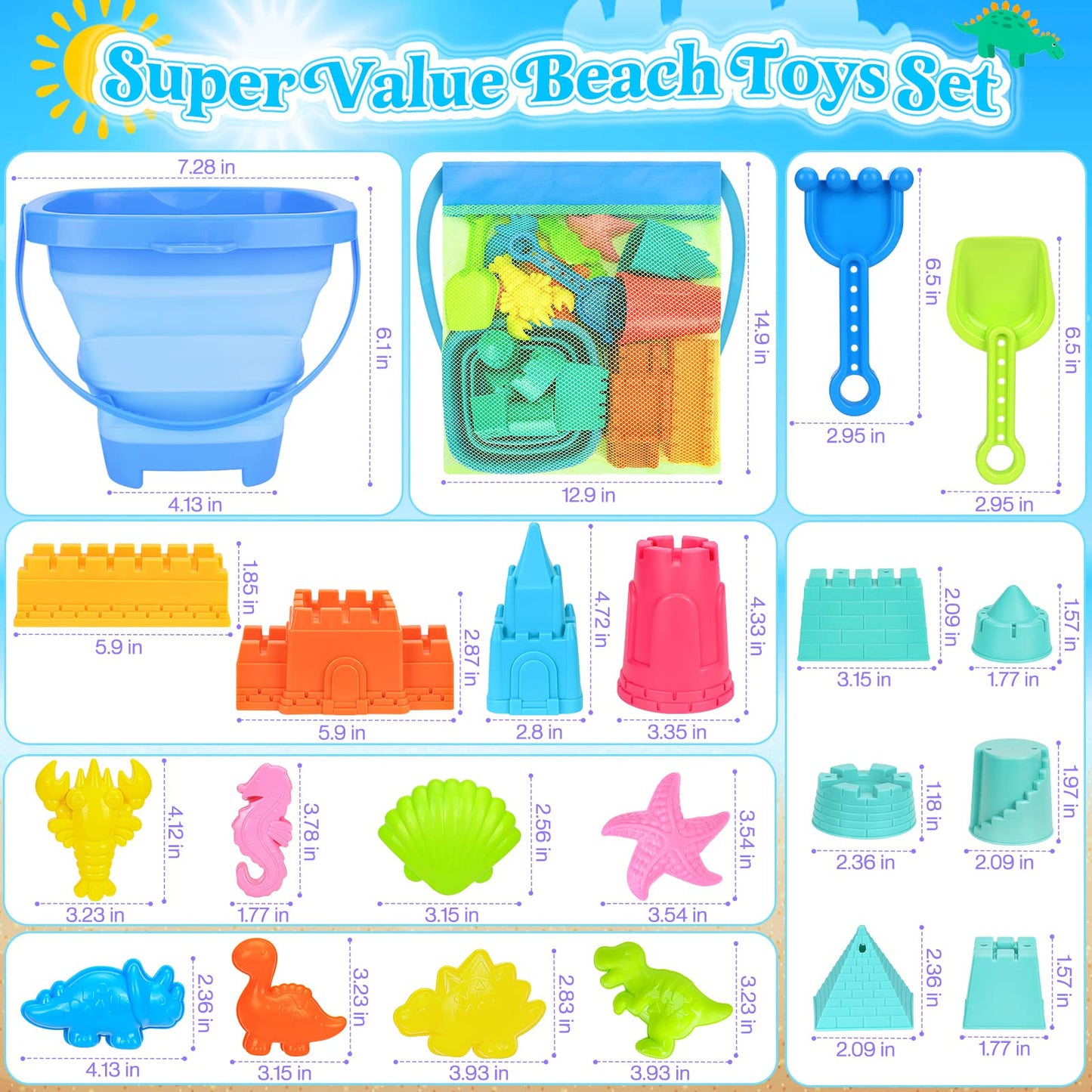 Collapsible Beach Toys for Kids Toddlers, Collapsible Sand Bucket and Shovels Set with Mesh Bag,Travel Sand Castle Building Kit, Sandbox Toys, Foldable Beach Essentials for Toddlers Kids Age 3-10 ﻿