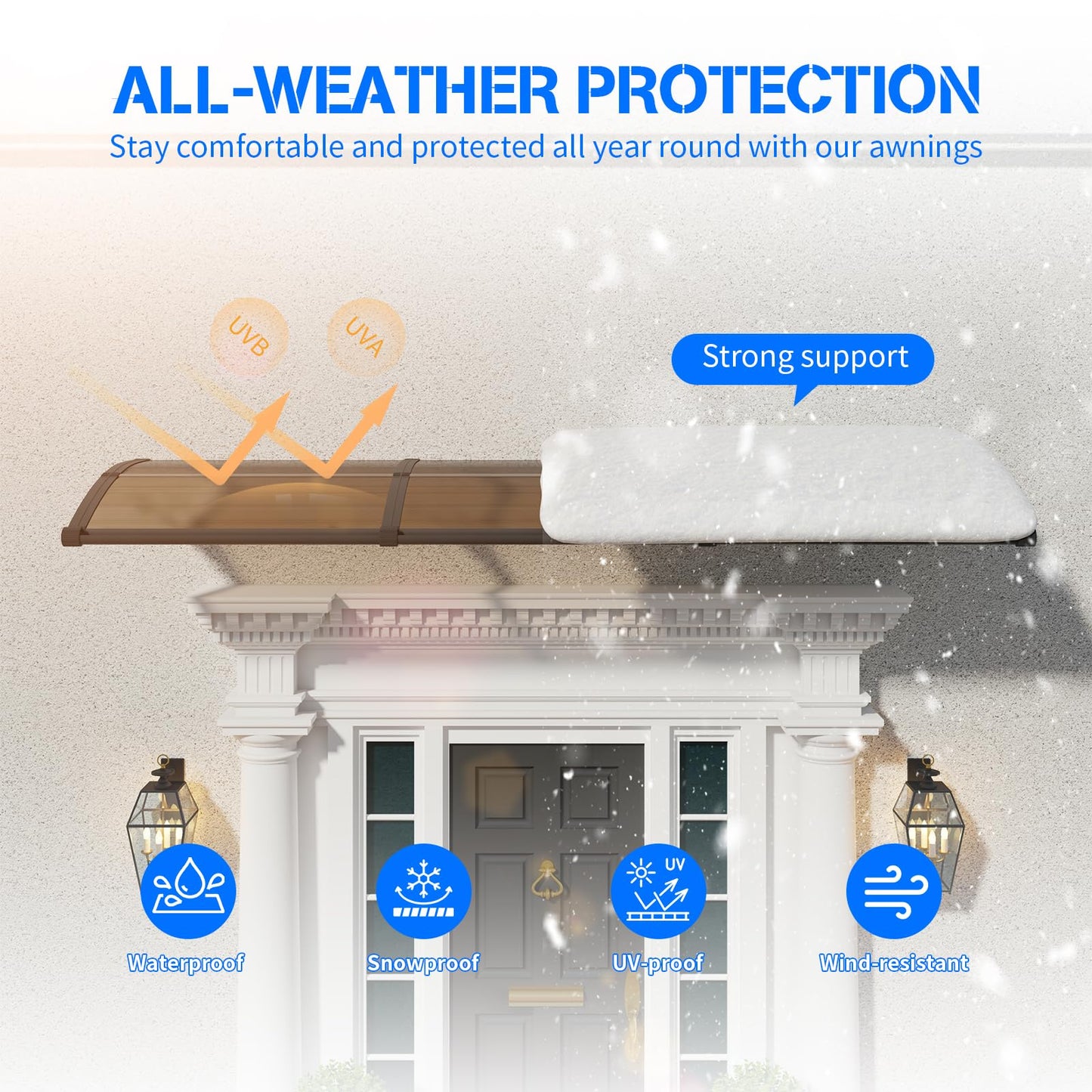 Awning for Door Entrance with Drainage Sink,32x80 Inch Awnings for Doors,Window Canopy Exterior with Plastic Steel Bracket,Polycarbonate Cover,UV,Rain,Snow Protection for House,Porch,Patio,Deck