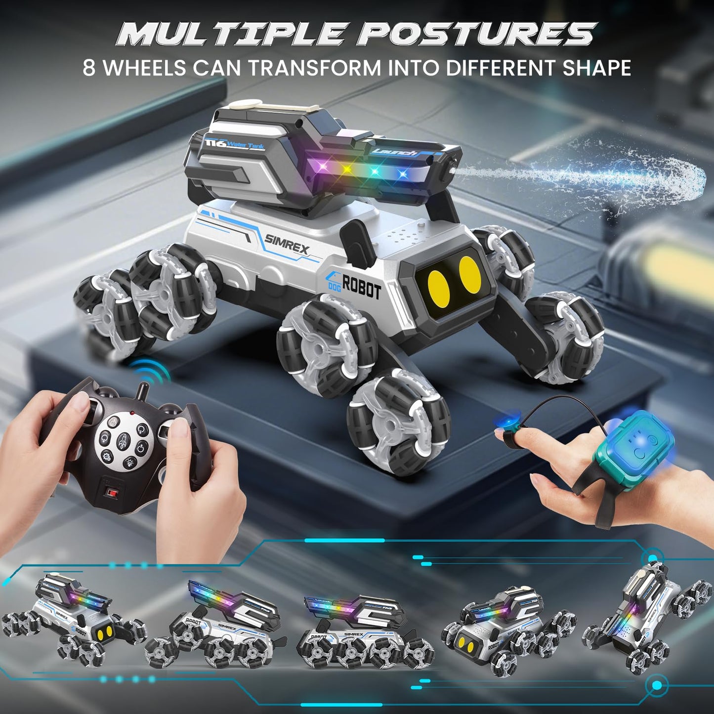 SIMREX Robot Dog RC Stunt Car Toys - Gesture Sensing Remote Control car with Mecanum Wheels, LED Eyes, 3 Sound Effects,Water-Shooting Turret & RGB Lights,Birthday Gift for Kids Boys Girls