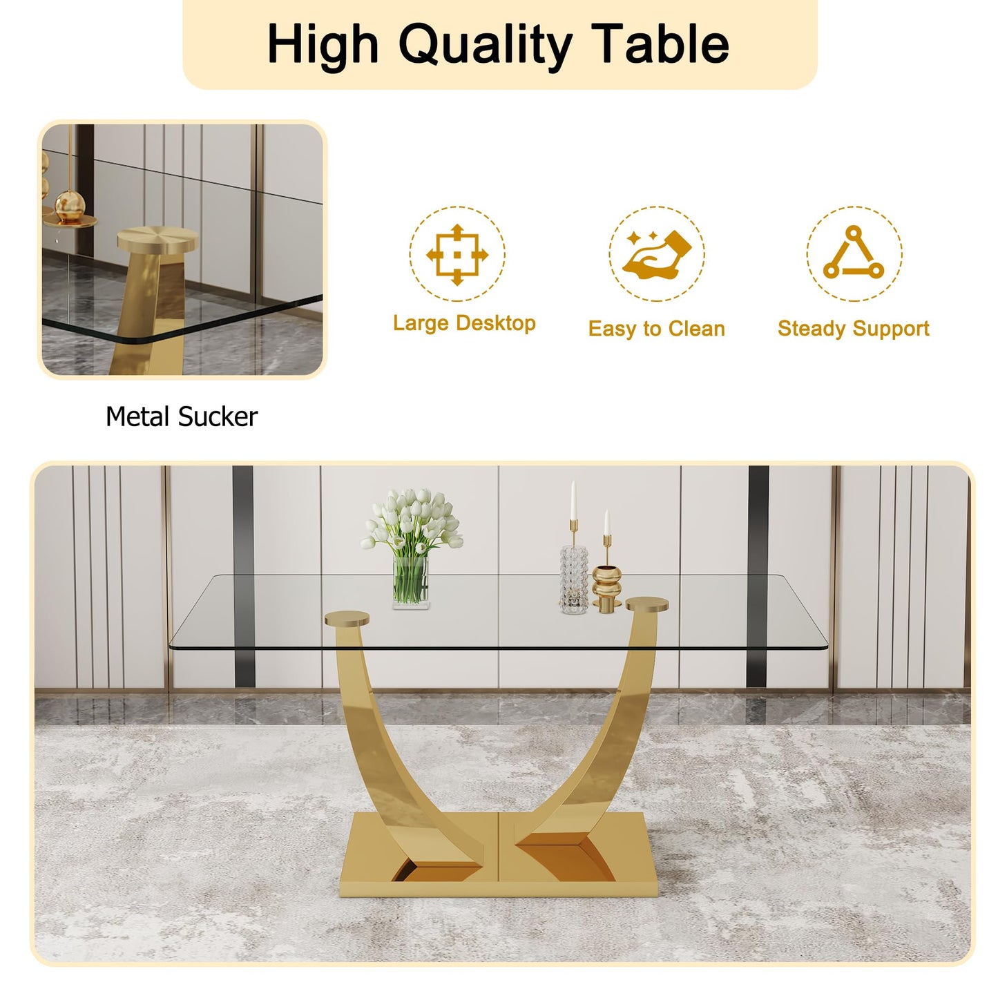 JEARGE Glass Dining Table Set for 6, Modern Kitchen Table Set for 6, 71" Tempered Glass Tabletop with U-Shaped Gold Base, 7 Ppiece Large Dining Room Table Set with White PU Leather Chairs