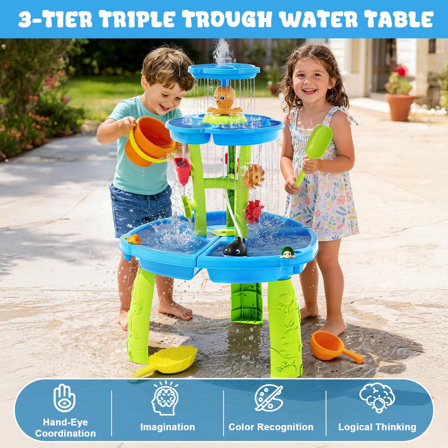 2026 Upgraded Water Table for Toddlers, 3-Tier Water Sand Play Table with Water Pump & Water Toy Accessories, Summer Outdoor Activity Sensory Playset, Outside Water Play Toy for Boys Girls Age 3-5 4-6