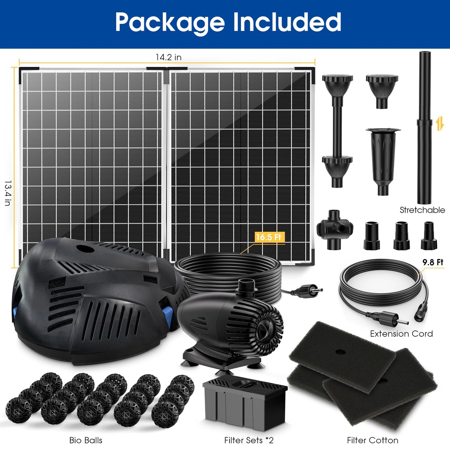 Antfraer 55W Solar Pond Filter with Water Pump, Solar Pond Filter Box with with 580GPH Pump & Fountain Kit & 6.6FT PVC Tubing for Outdoor Ponds Gardens Fountains Waterfalls Water Features
