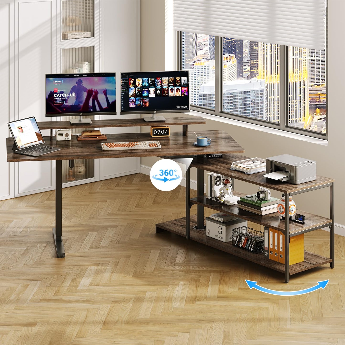 Lefurture Standing Desk with File Cabinet, 55x24'' L Shaped Electric Stand Up Desk with Adjustable Monitor Shelf, Adjustable Height 28-46'' for Home and Computer Workstation, Walnut