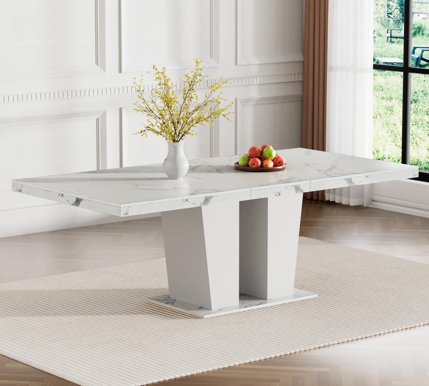 KUVADAZ 63"-78.74" White Faux Marble Extendable Dining Room Table Set for 8, 9-Piece Dining Table Set with 8 Chairs, Rectangle Wooden Expanding Kitchen Table and Beige Upholstered Chairs Set
