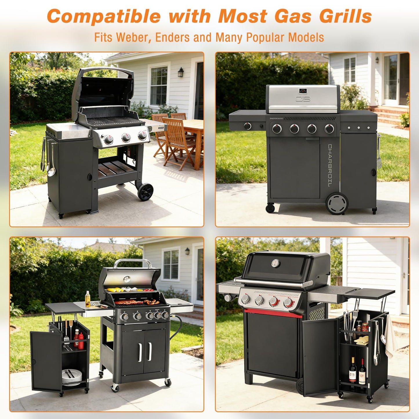 SearCook Outdoor Grill Cart, Height Adjustable Grill Table with Storage Cabinet, Magnetic, Flexible Rolling Wheels, for Weber, Charbroil, Nexgrill, Dynaglo Majority Series Gas Grills Accessory