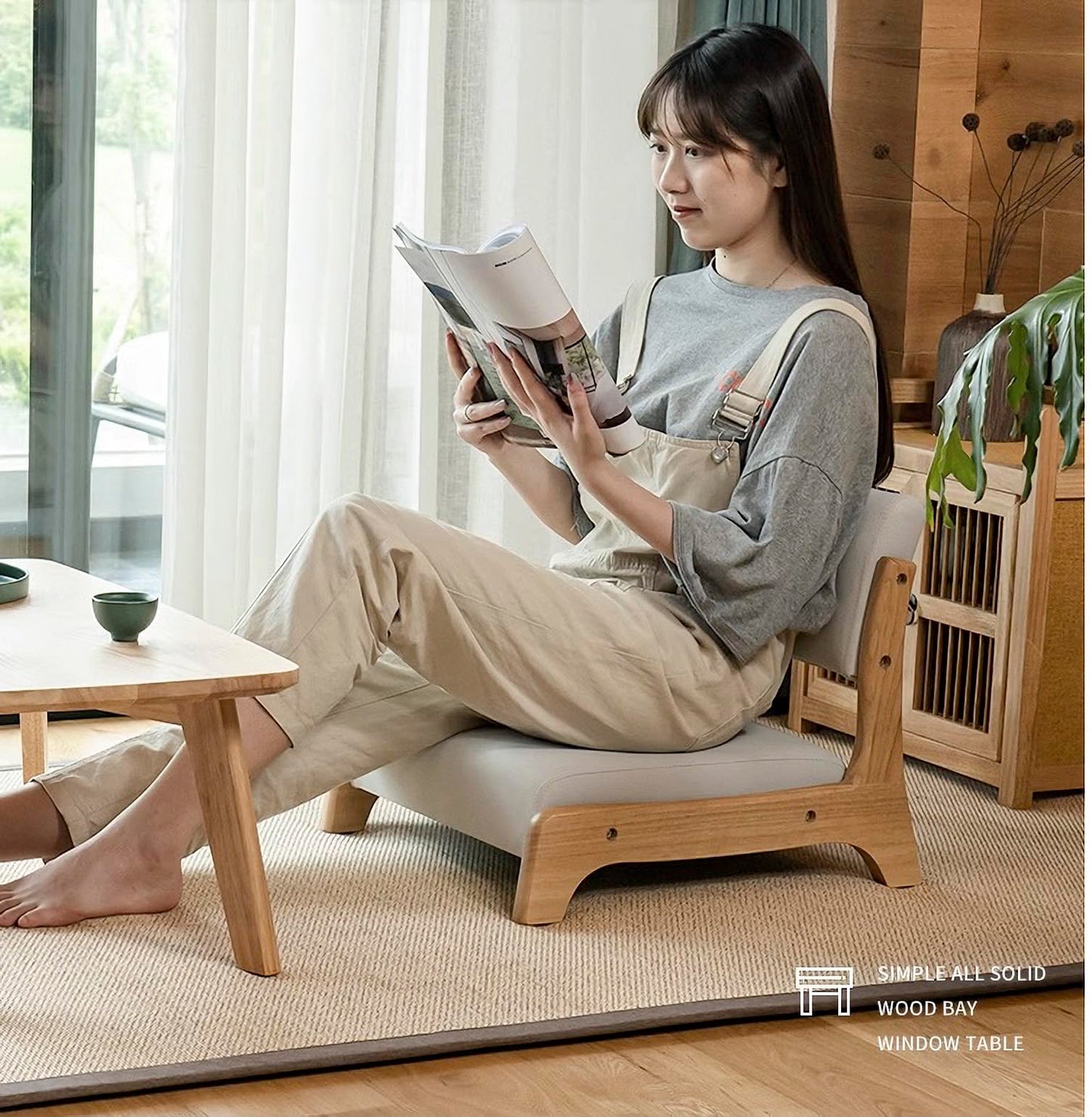Damedai Japanese Floor Chair Tatami Zaisu Legless Chair Back Support Great for Reading Meditating Living Room Balcony (Grey with Leathaire)