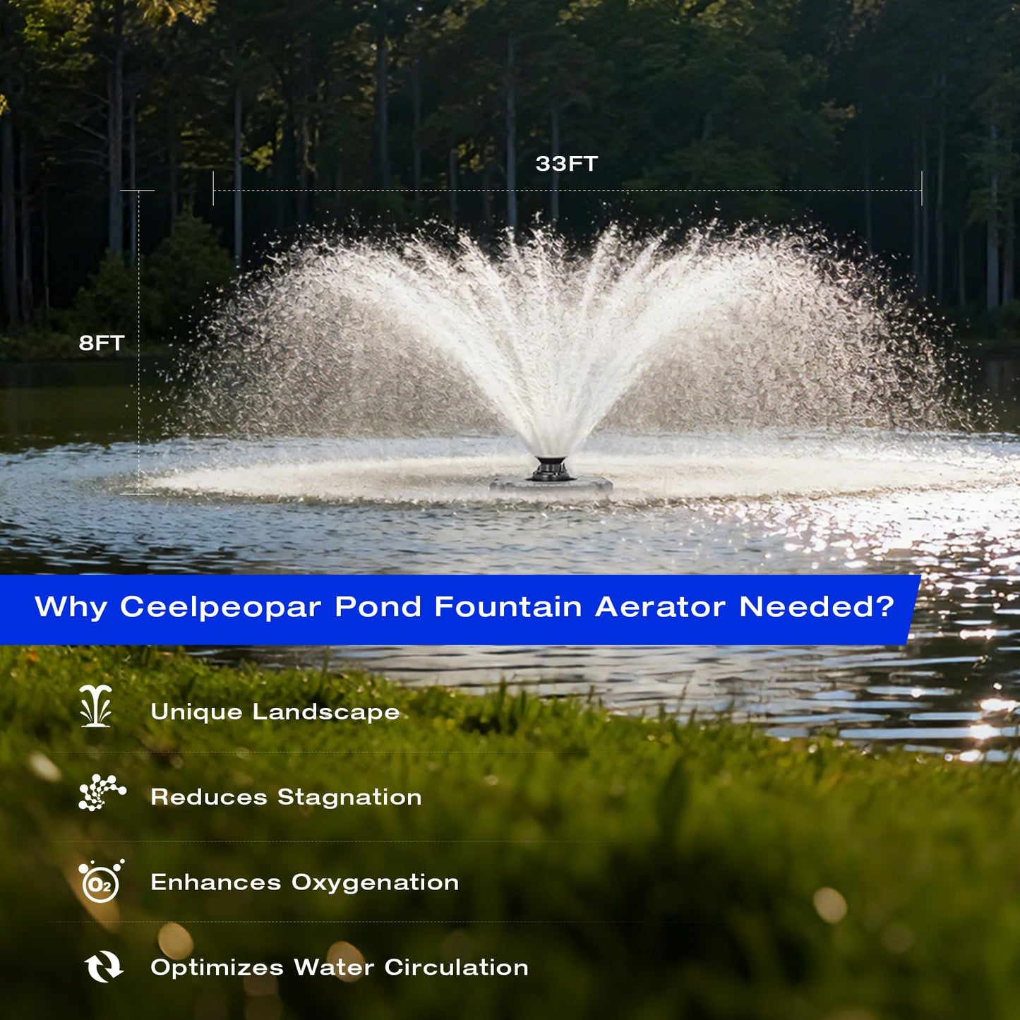 Ceelpeopar Stainless Steel Metal Pond Fountain Aerator, 1HP 110V 15000 GPH Fountain Pump, 100 FT Power Cord, Automatic Aerating Fountain Pump with Programmable Timer for Outdoor Large Ponds & Lakes