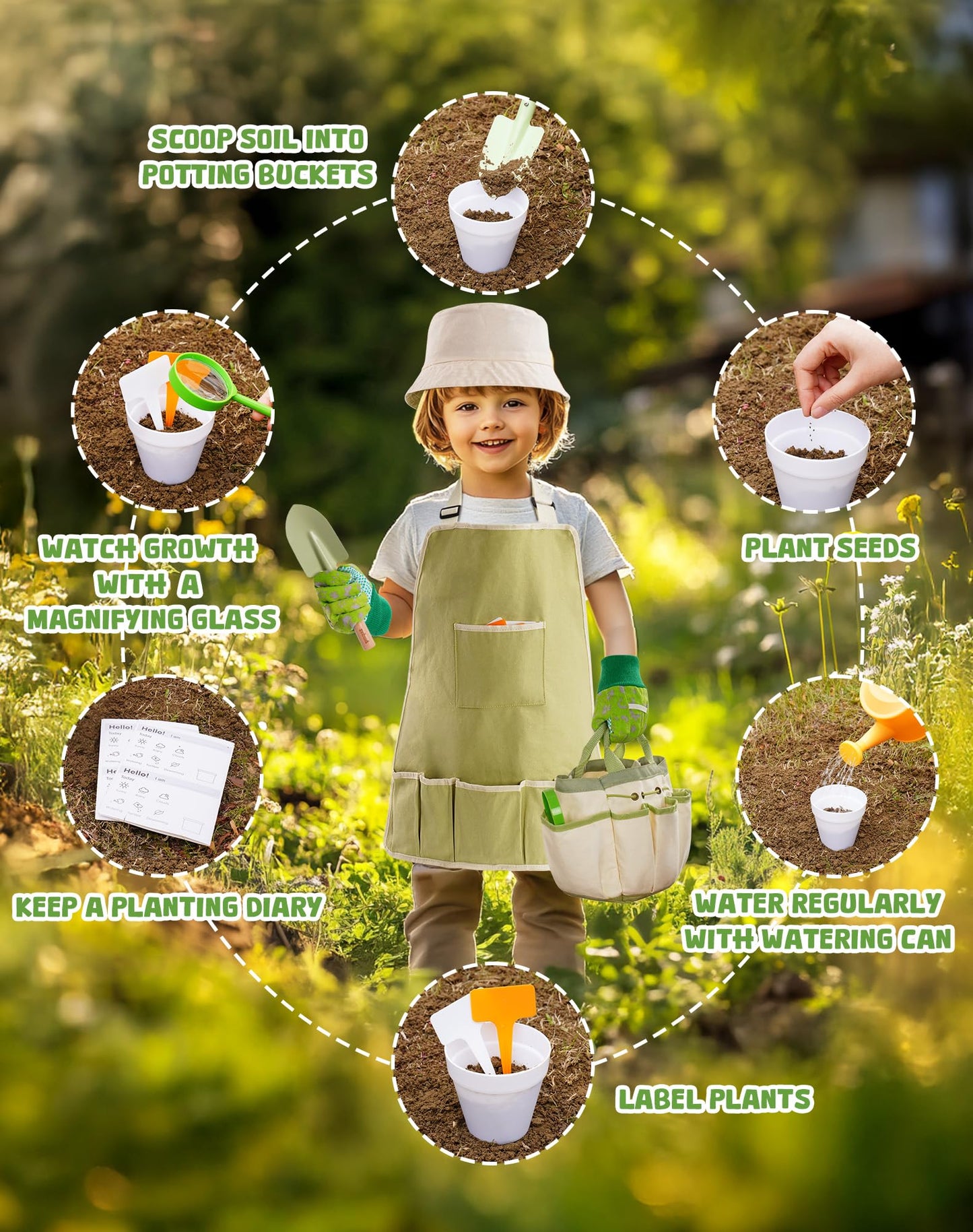 ROBUD Kid Gardening Set, Wooden Garden Tool for Kid, Garden Tool Kit with Tool Storage Bag, Apron, Gloves, Montessori Toys for Kids to be Closed to Nature, WRP25
