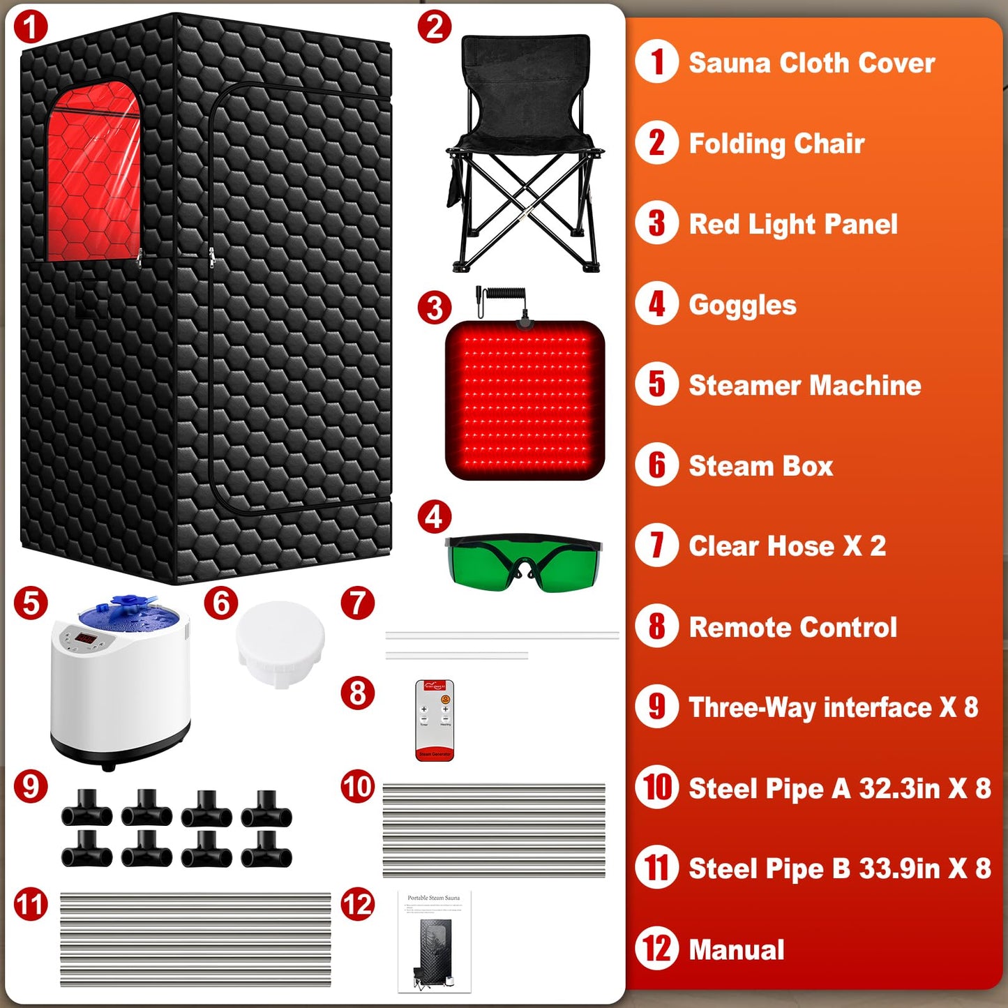 bsdonte Infrared Sauna Box, 160 LEDs Red Light Sauna Steam Room, Portable Sauna Tent with 3L/1200W Steamer, 15 Heating Levels, Folding Chair, Indoor Saunabox for Home Spa Relaxation