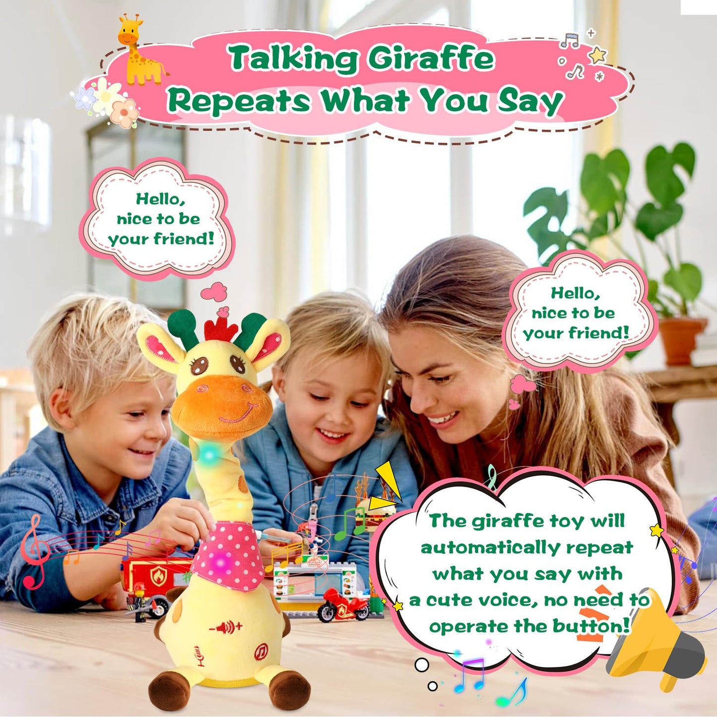 MIAODAM Dancing Giraffe Toy Stuffed Plush, Musical Baby Toys Singing 10 Children's Song Repeats What You Say, Cute Interactive Talking Giraffe Gift for Baby and Kids 1-3 Years Old
