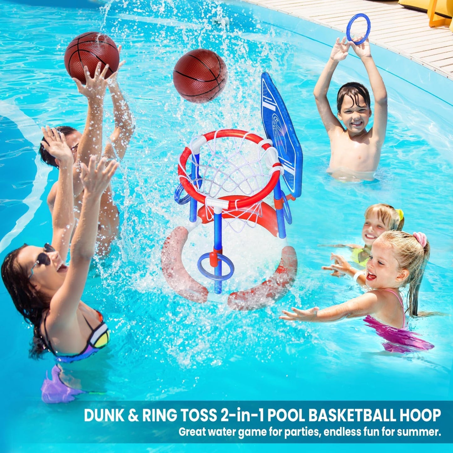 AuroTops Pool Basketball Hoop Poolside with Backboard & Ring Toss Pool Games,Floating Basketball Hoop for Pool Toys for Kids Ages 4-8,Family Party Summer Toys for Kids Ages 8-12,Summer Vacation, Blue