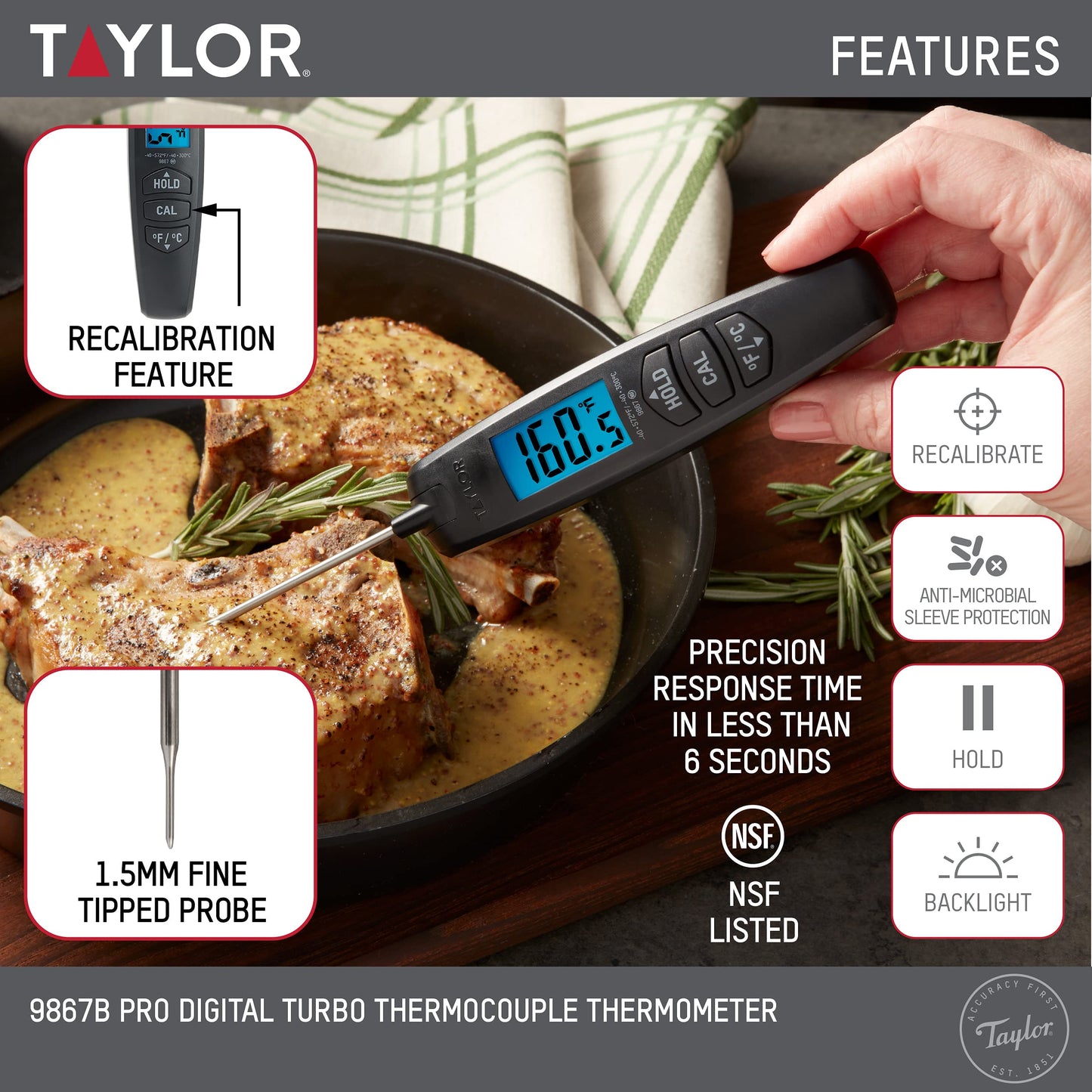 Taylor Digital Turbo Instant Read Thermocouple Meat Food Grill BBQ Cooking Kitchen Thermometer, Folding Probe, Black (Pack of 12)
