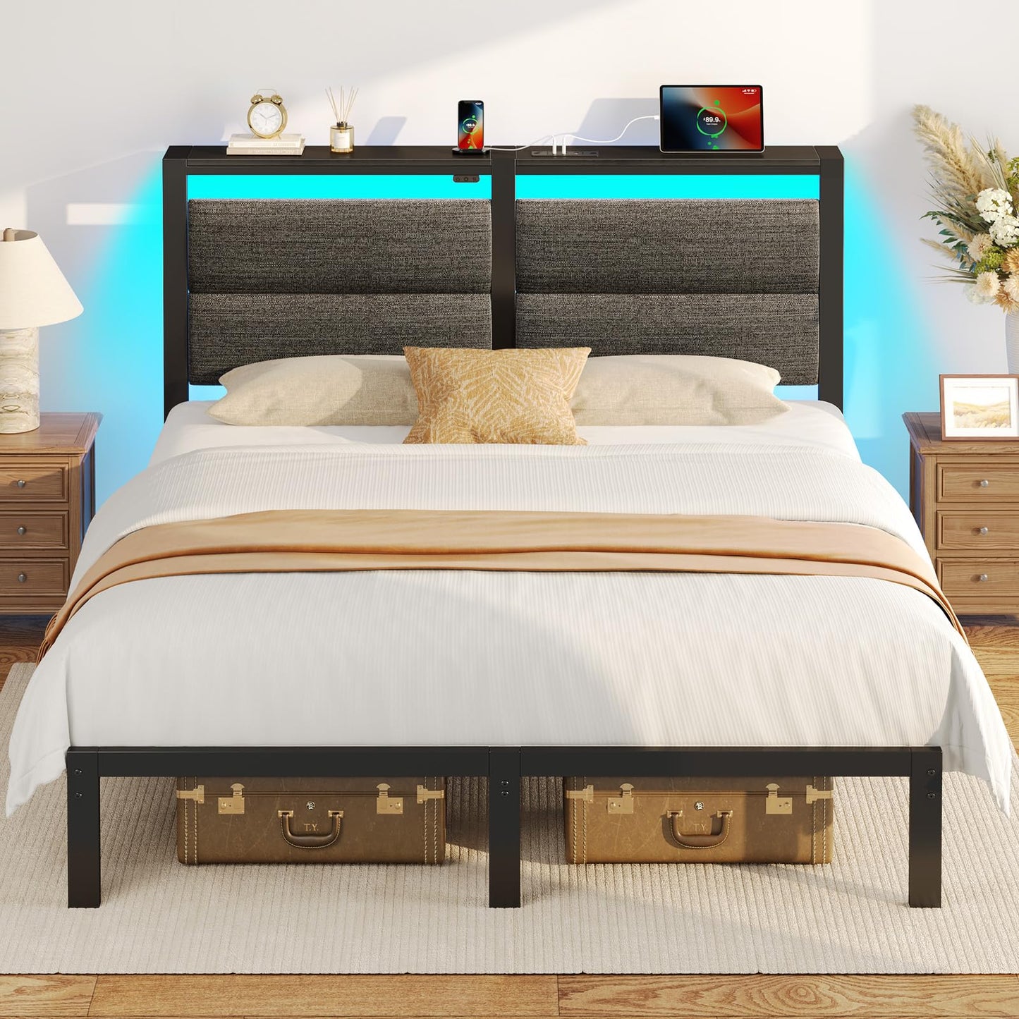 Rolanstar Full Size Bed Frame with Charging Station, LED Full Bed Frame with Upholstered Storage Headboard, Platform Bed with Metal Slats & Under Bed Storage, No Box Spring Needed, Noise Free, Grey