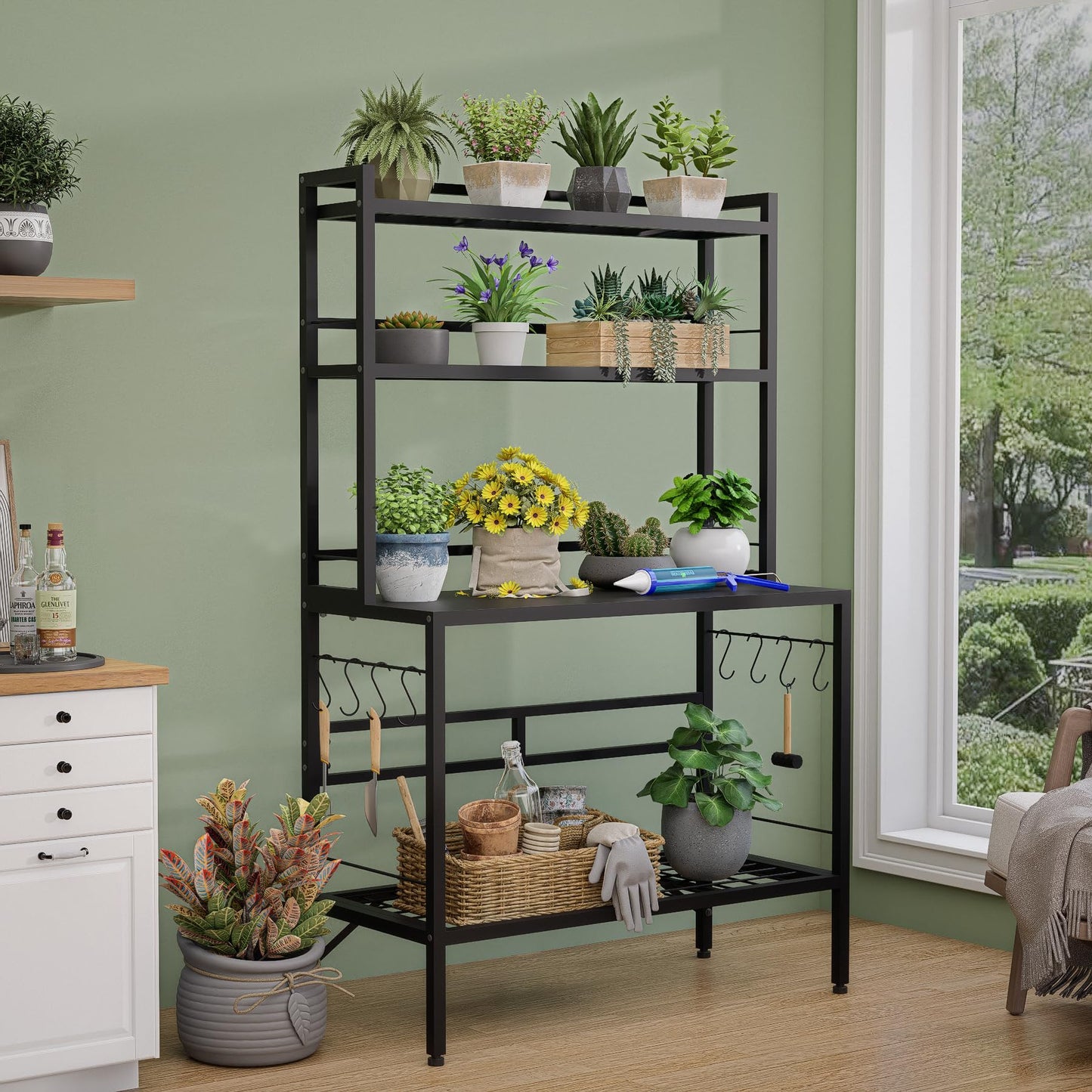 MUVJUG Kitchen Bakers Rack with Open Bottom, 63''H Metal Microwave Stand with 8 Hooks, 4-Tier Heavy Duty Coffee Bar Table with Mesh Shelf, Multi-Purpose Display Rack&Potting Bench Table for Patio