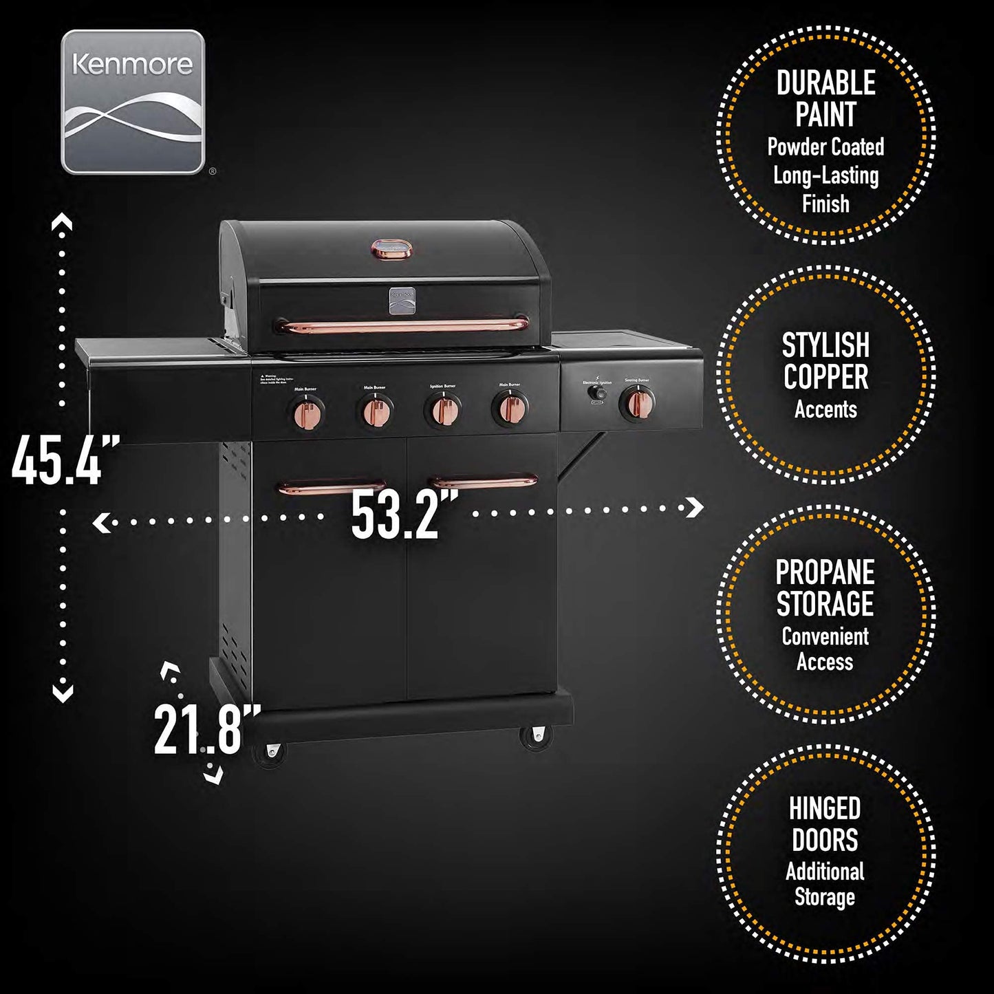Kenmore 4-Burner BBQ Gas Grill with Searing Side Burner, Propane Grill, 52,000 BTUs, Warming Rack, Electronic Ignition & Cast Iron Cooking Grates, Black/Copper