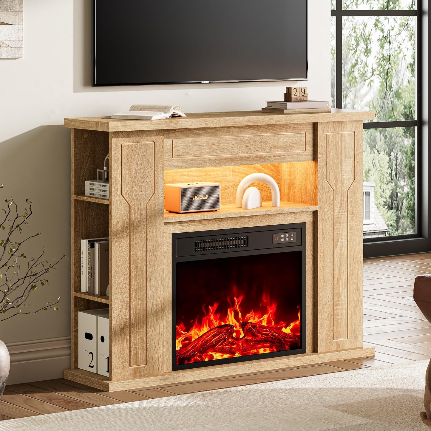Ofika 43” Electric Fireplace with Mantel, Solid Wood Modern TV Stand with Fireplace Freestanding Entertainment Center with Storage Compartment, 23" Fireplace Insert Heater for Living Room，Wood