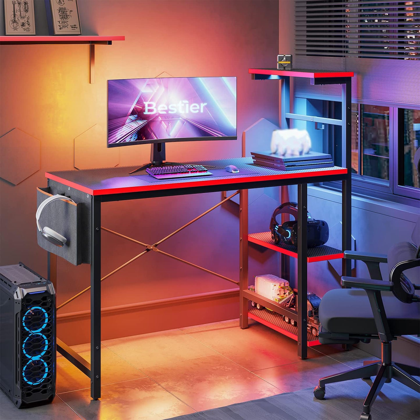 Bestier Gaming Desk with LED Lights, 44 Inch PC Gamer Desk for Small Spaces, Computer Desk with Reversible Storage Shelves & Side Storage Bag (Black 3D Carbon Fiber)